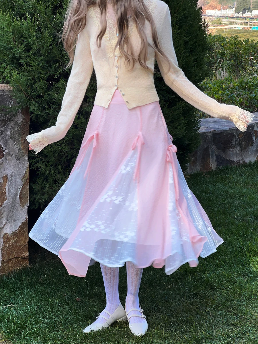 

Ele A-Line Midi Skirt with Heavy Embroidery Lace Splicing Fairy T Pink Spring New Sle Women's High Waist Skirt