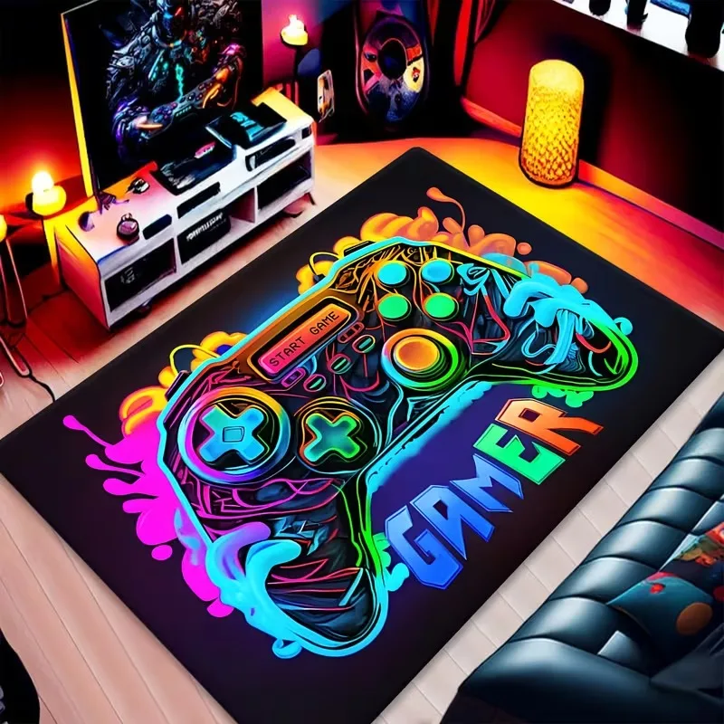 Neon Game Controller Gamer Area Rug Soft Non-Slip Gaming Room Decor Rug Colorful Splash Art Video Game Carpet for Bedroom