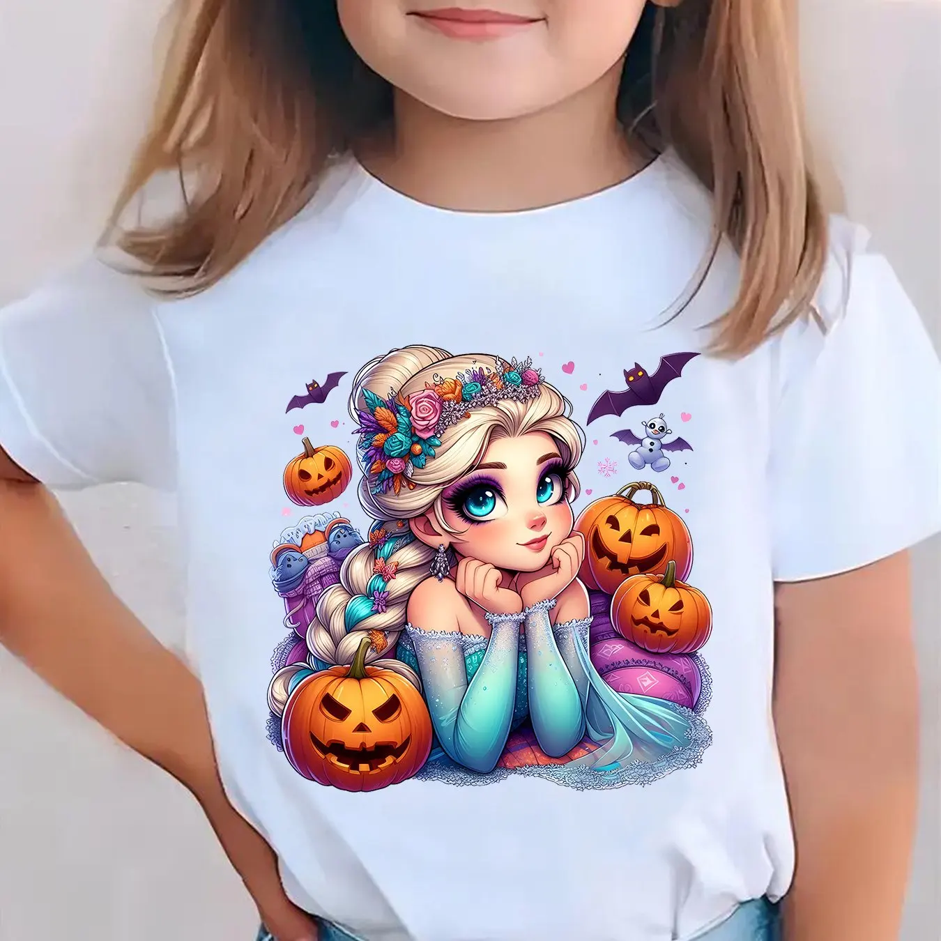

Футболка с принтом Эльзы на Хэллоуин Disney для девочек, топ Happy Play, подходит для мамы и дочки, круглый вырез, короткий рукав