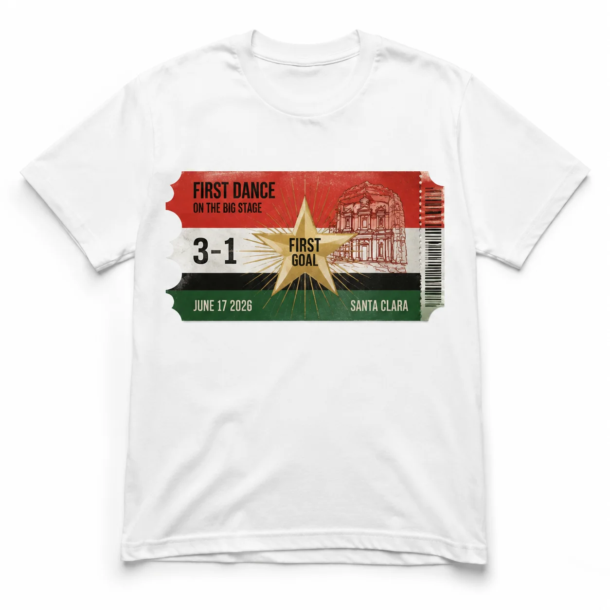 Camiseta Gráfica Retrô de Torcedor de Futebol com Pontuação 3-1 e Primeiro Gol, Tema Bilhete de Futebol e Primeira Dança, Santa Clara 17 de Junho de 2026, Branca, Manga Curta