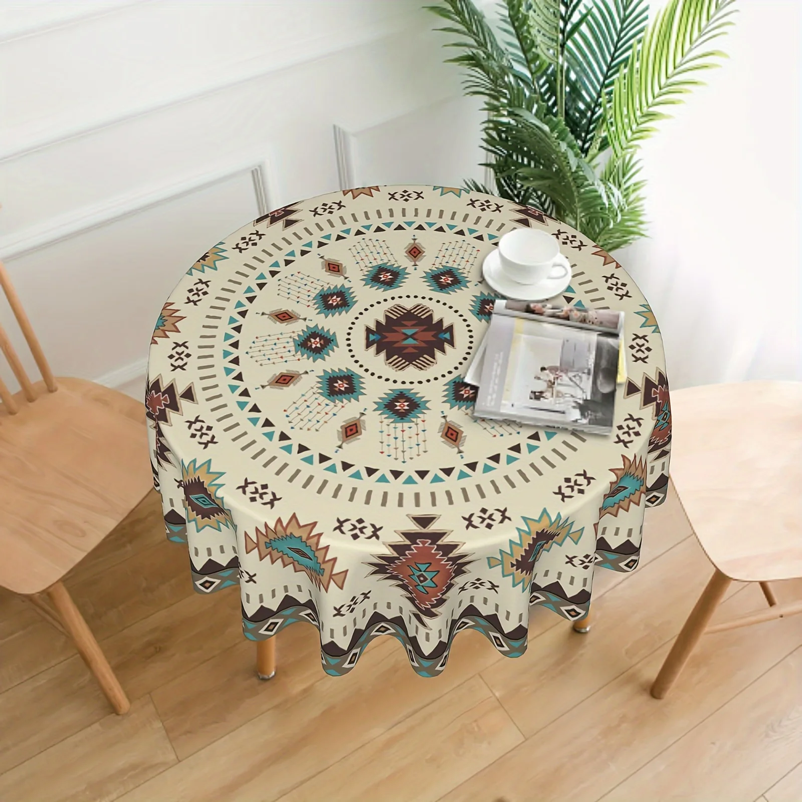 1PC Tablecloth, Southwest Aztec Round Tablecloth 152.4 Cm, Geometric Tribal Ethnic Pattern Vintage Style, Boho Chic Washable Rou