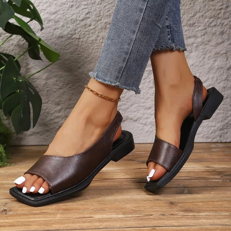 Women's Vintage Comfortable Mid Heel Sandals New Summer Women Square Open Toe Casual Beach Fashionable Color Blocking Sandals