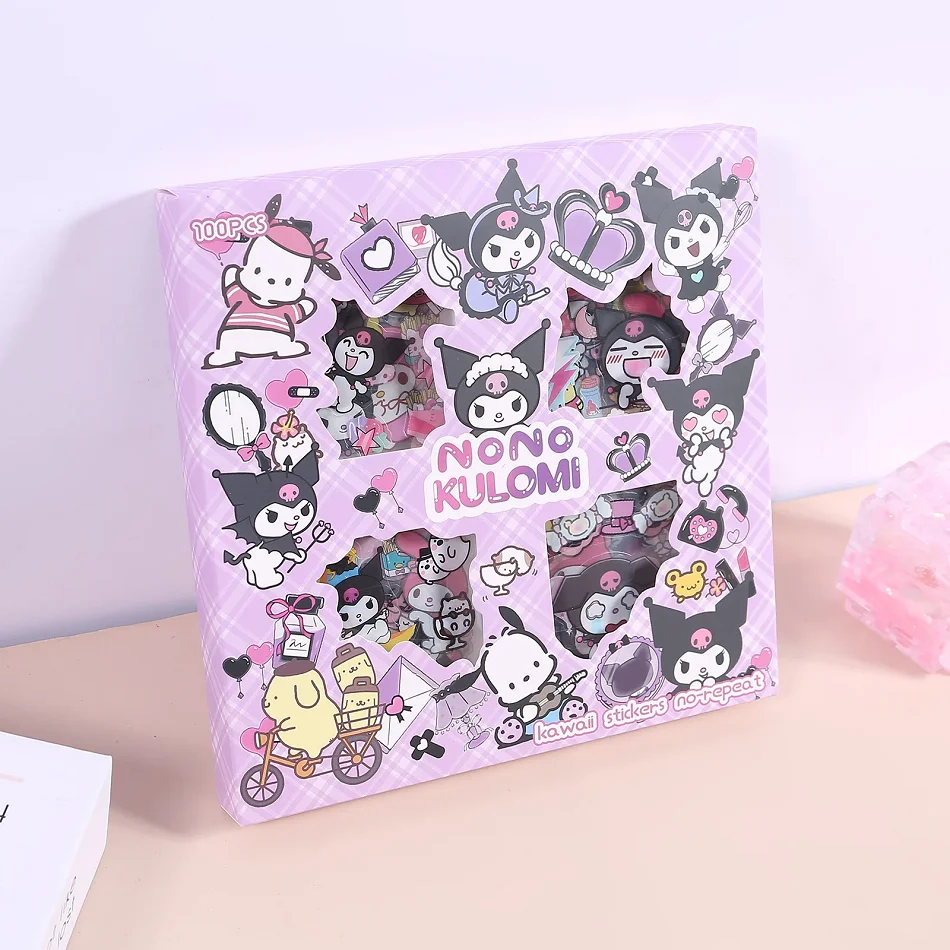 100Pcs Sanrio Kuromi Melody Cinnamoroll PET Transparent Waterproof Sticker Cartoon DIY Stationery Cup Hand Ledger Sticker Set