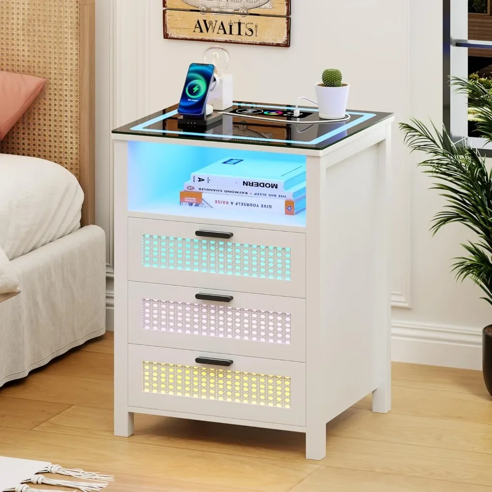 Nightstand with Lights,End table with Human Sensor Design,Night stand with Charging Station,Bed side Table with Glass Top for