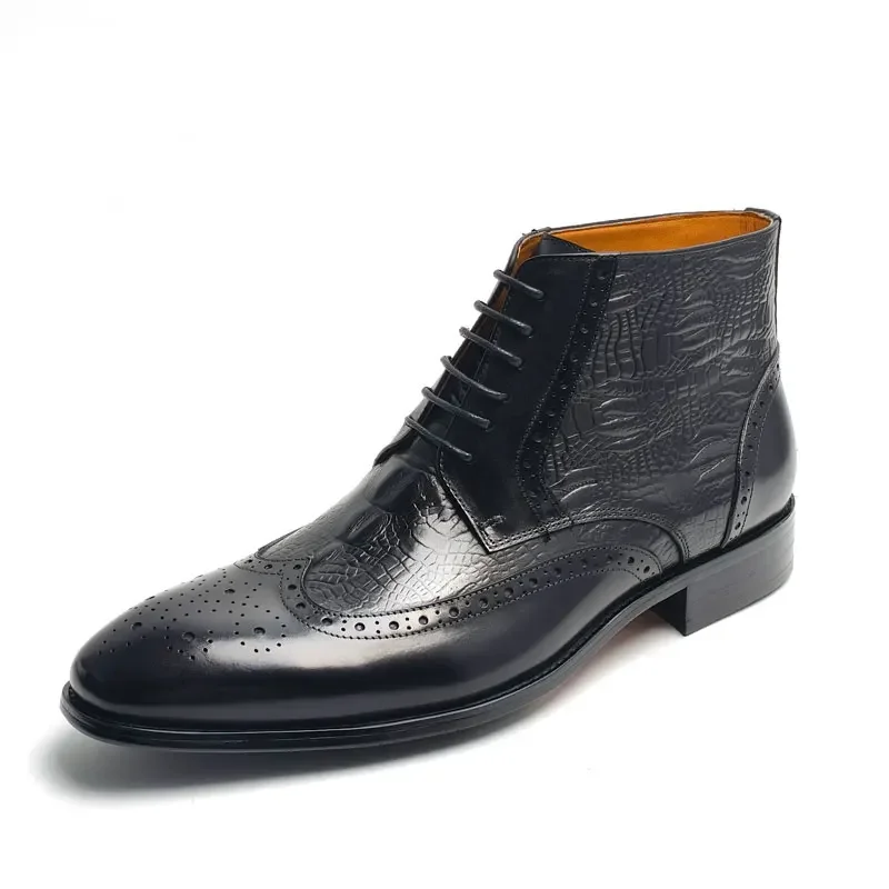 

Cow Leather Boot for Male Lace Up Ankle Brogue Men Comfortable Fashion Retro Printing Shoes Handmade Customized Black Shoe
