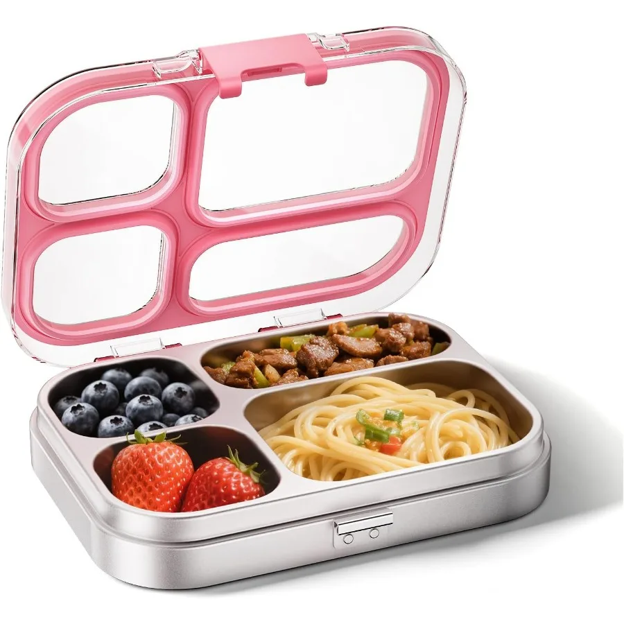 

Kids Stainless Steel Lunch Box - 4-Compartment Bento Box with Locking Lid, One-Touch Latch, Leakproof Food Container for School,