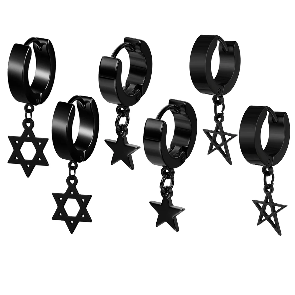 1-3 Pairs Korean kpop Hexagram Star Stud Earrings for Women Men Circle Round Stainless Steel Earring Black Punk Rock Jewelry