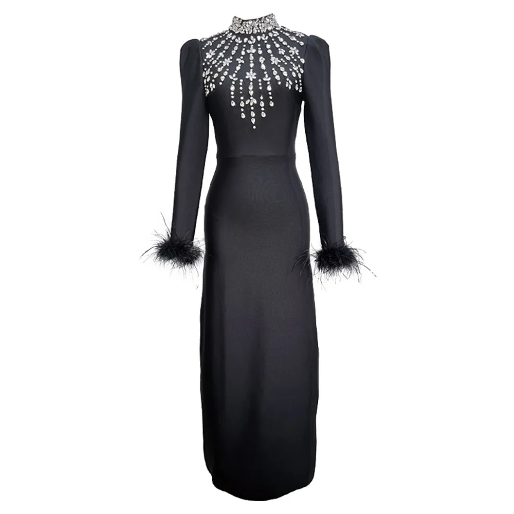 

2025 новое модное элегантное бандажное платье с перьями, женская одежда с длинными рукавами и бисером, вечерние длинные платья знаменитостей