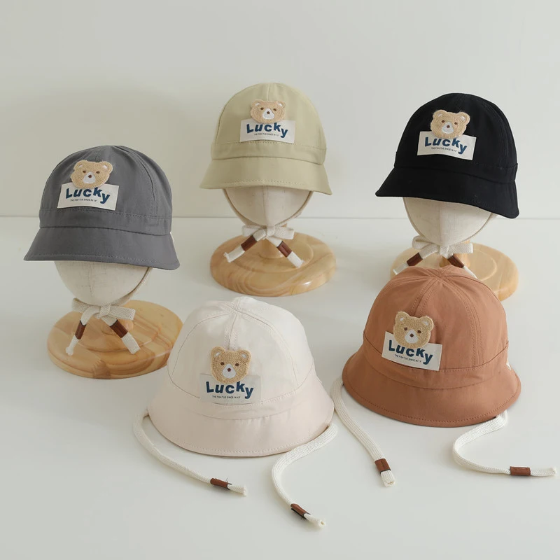 

Cute Bear Fisherman Hat Children Sunshade Basin Cap Solid Cotton Baby Bucket Caps 6-24Month Boy Girl Kids Sun Protection Visors