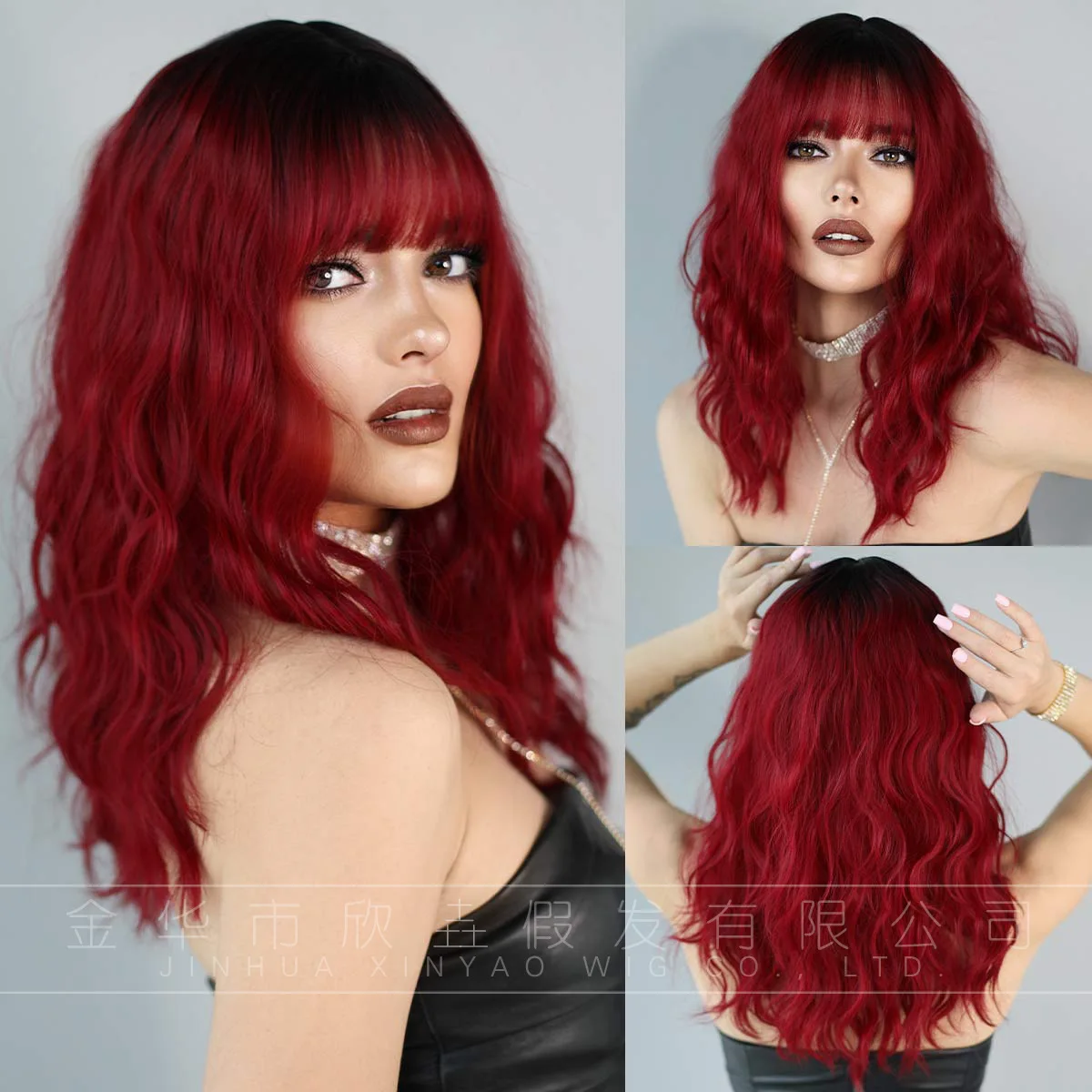 

wavy curly wig women's brown red Halloween medium length bangs wig Wavy Red Wigs