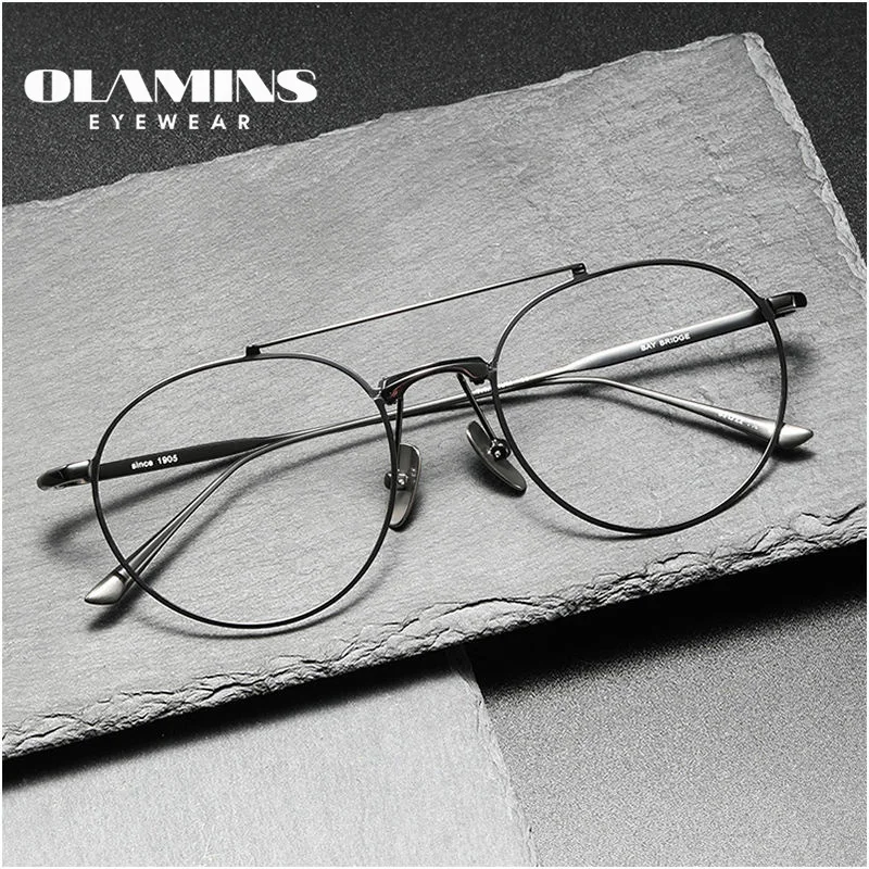 OLAMINS​ Retro Round Protection Game Computer Blue-Ray Glasses Fashion Double Prescription Frame Titanium Frame Man BRIDGE