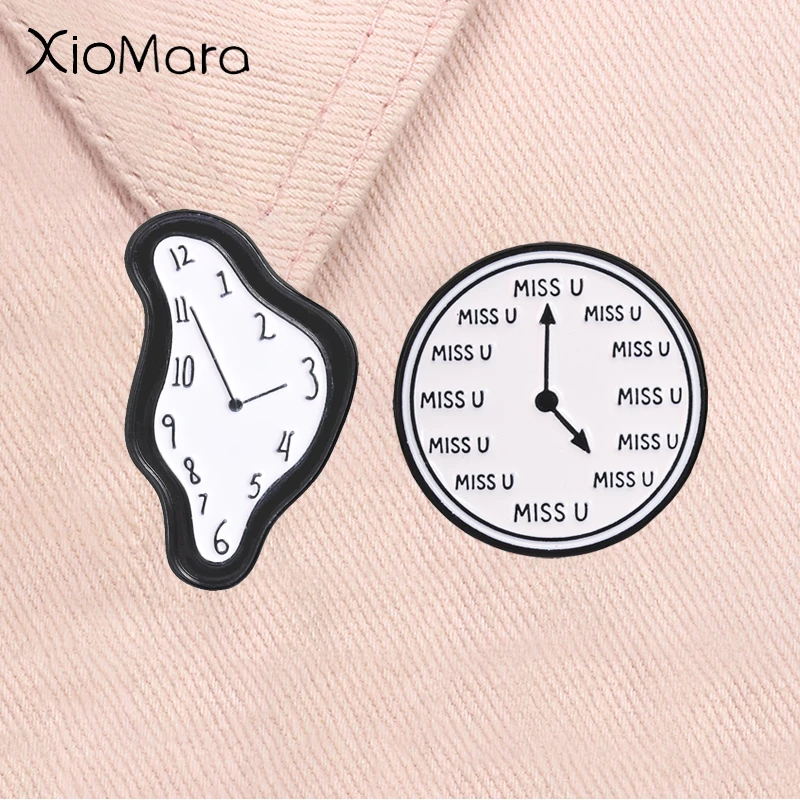 Miss U Clock Enamel Badge Surrealist Art Melting Clock Salvador Dali Inspired Abstract Pins Lapel Badge Jewelry Gifts for Friend
