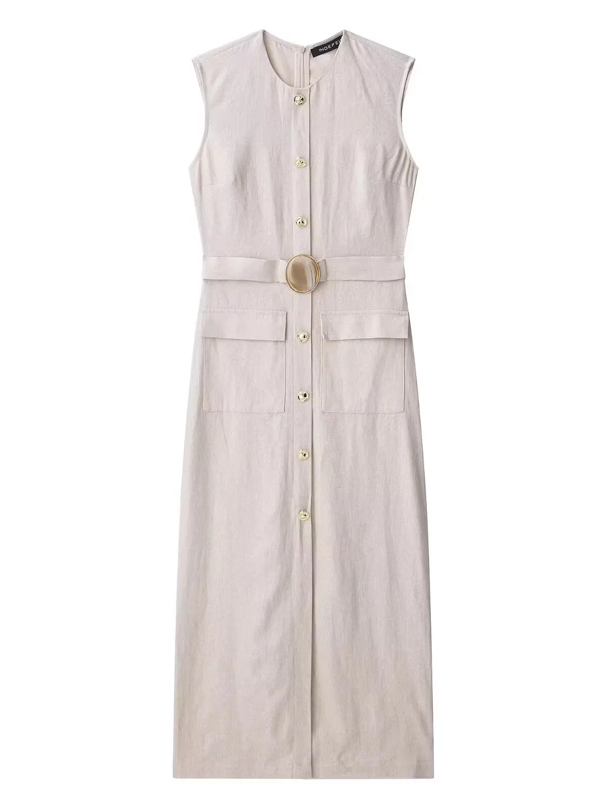 New Summer Women's Midi Dr 00% Mixed Linen Fabric Bule Decoration Ele High Waist Straight Cut mid Length Single Button