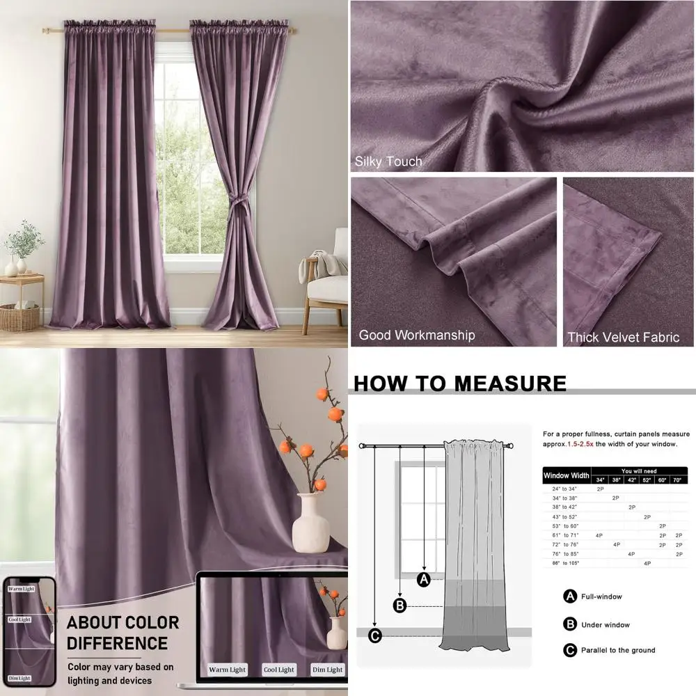 

Thermal Insulated 84 Velvet Curtains, 2-Panel, 52W x 84L, Lavender for Living Spaces & Sliding Doors