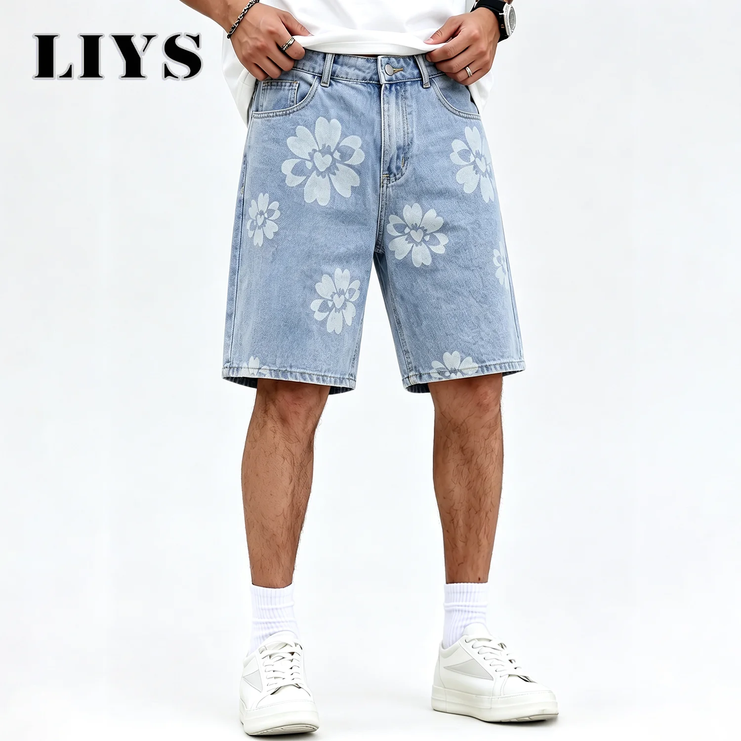 LIYS Men's Summer Light Blue Straight Leg Jeans Shorts Loose Petal Print Bermuda Shorts Men's Casual Short Streetwear Clothes