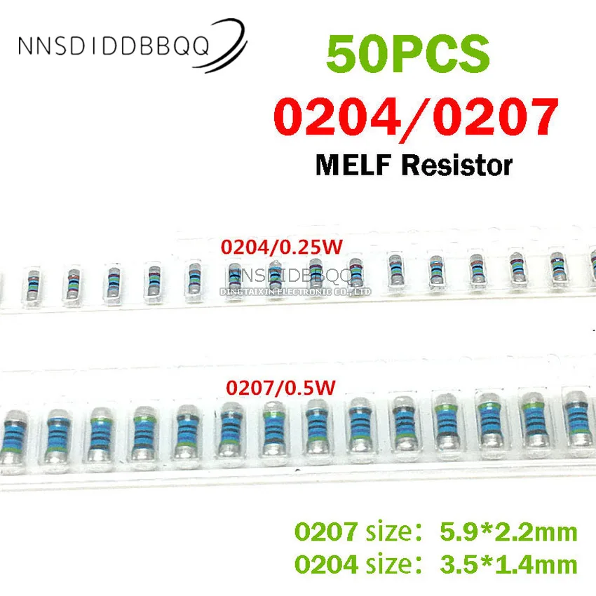 Resistencia SMD MELF de 50 piezas, 0204, 0207, 49.9R, 50R, 6.2R, 2K, 6,2 K, 1% cilindros, resistencia de anillo de Color, película metálica de precisión