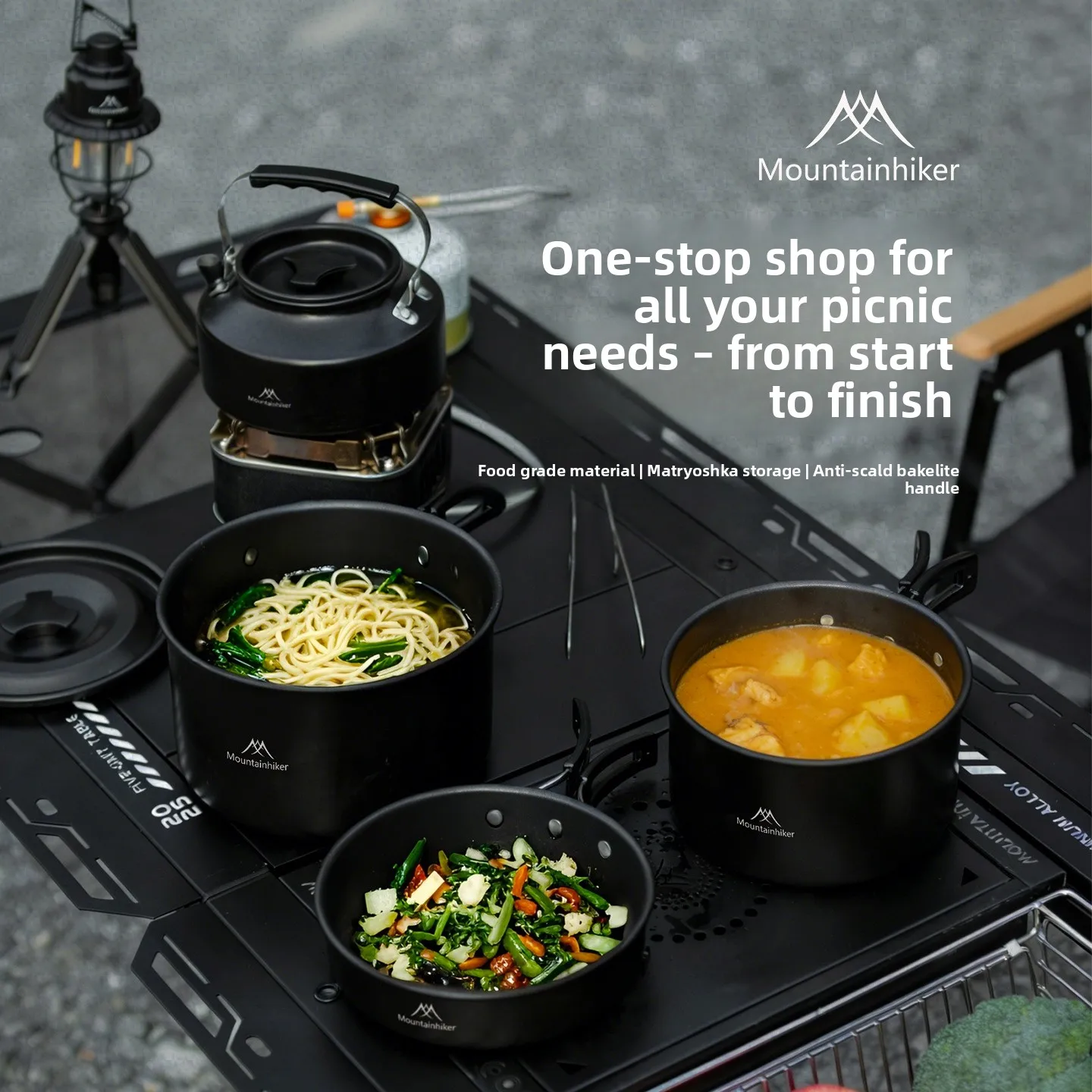 MOUNTAINHIKER Ensemble de trois, quatre ou cinq pièces, ensemble noir, batterie de cuisine en alliage d'aluminium pour camping et pique-nique en extérieur, comprenant marmite, faitout, poêle et bouilloire