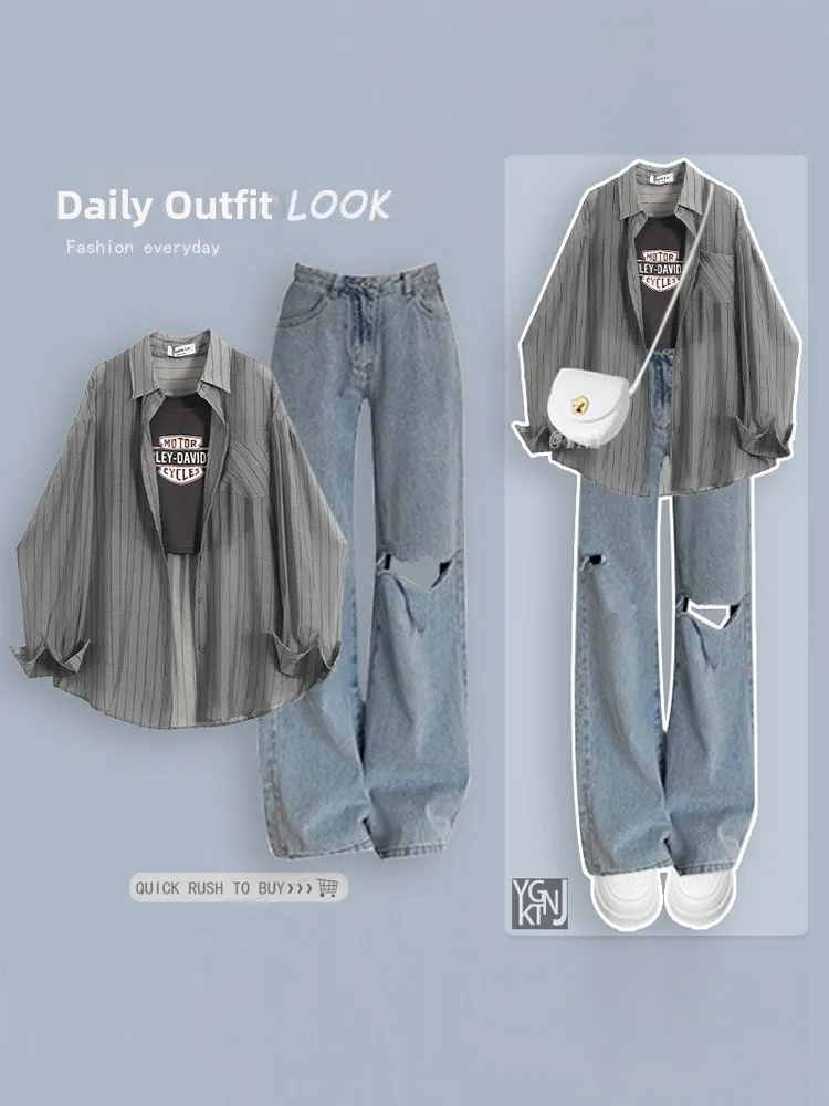 

Женская модная трендовая джинсовая рубашка Slim Fit в полоску с длинным рукавом 2024, тонкие джинсы с дырками из полиэфирного волокна, 100% полиэстер