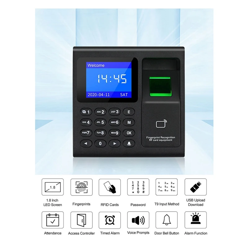 Time Clock Recorder elétrico, controle de acesso, teclado RFID, USB Data Manager, 1000 Capacidade