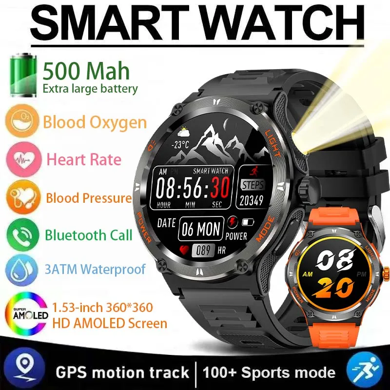 2024 New AMOLED Smart Watch Men Rugged Military Bluetooth Call GPS Track 500Mah 3ATM Waterproof Smartwatch For Huawei and Xiaomi