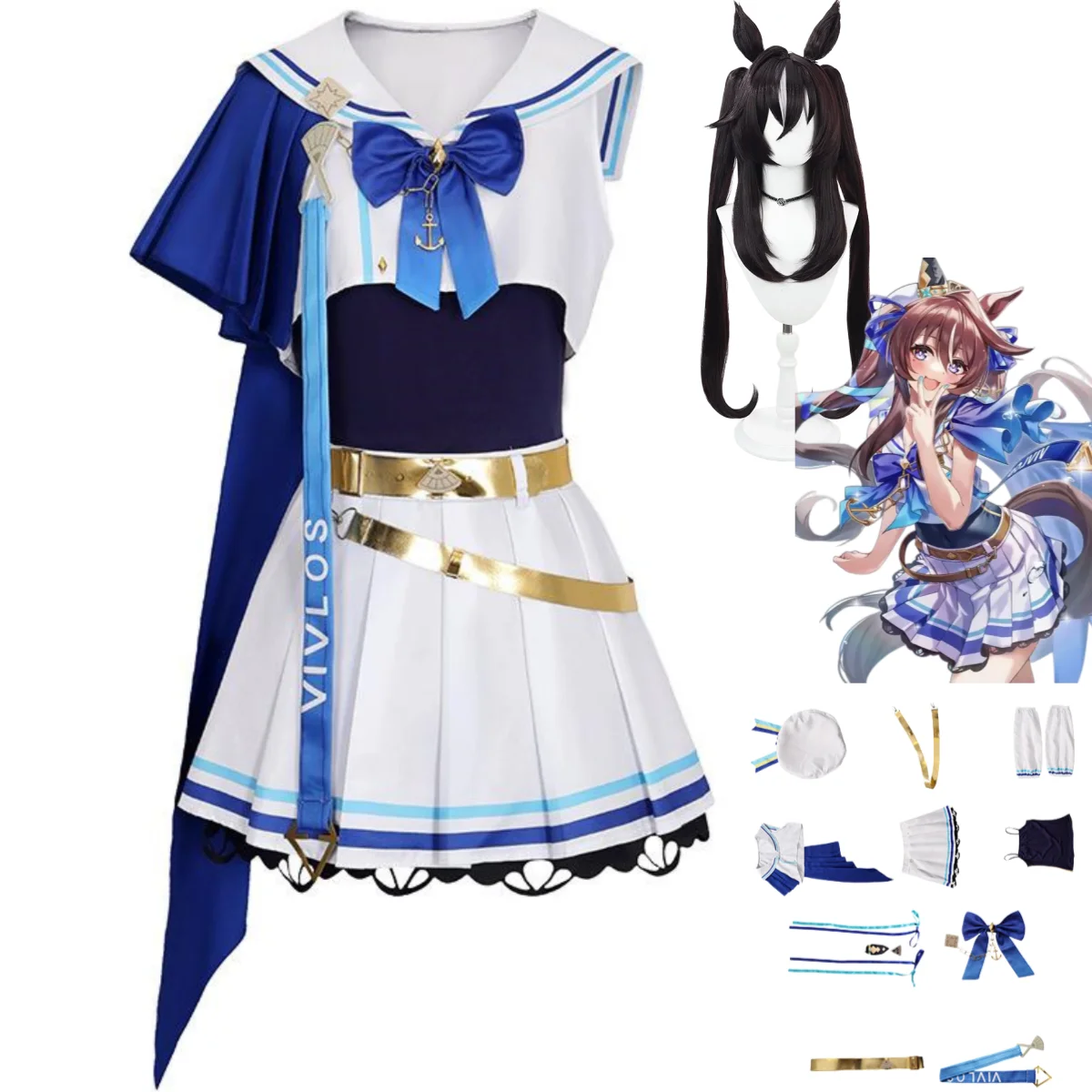 

Anime Game Umamusume: Pretty Derby Vivlos Cosplay Costume Blue Sailor Uniform Skirt Wig Woman Sexy Carnival Halloween Suit