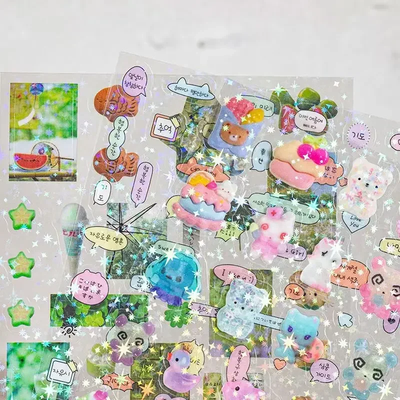 10Pcs/pack Y2K PET Transparent Flash Film Sticker Scrapbooking Decorative Stickers Kawaii DIY Phone Collage Material