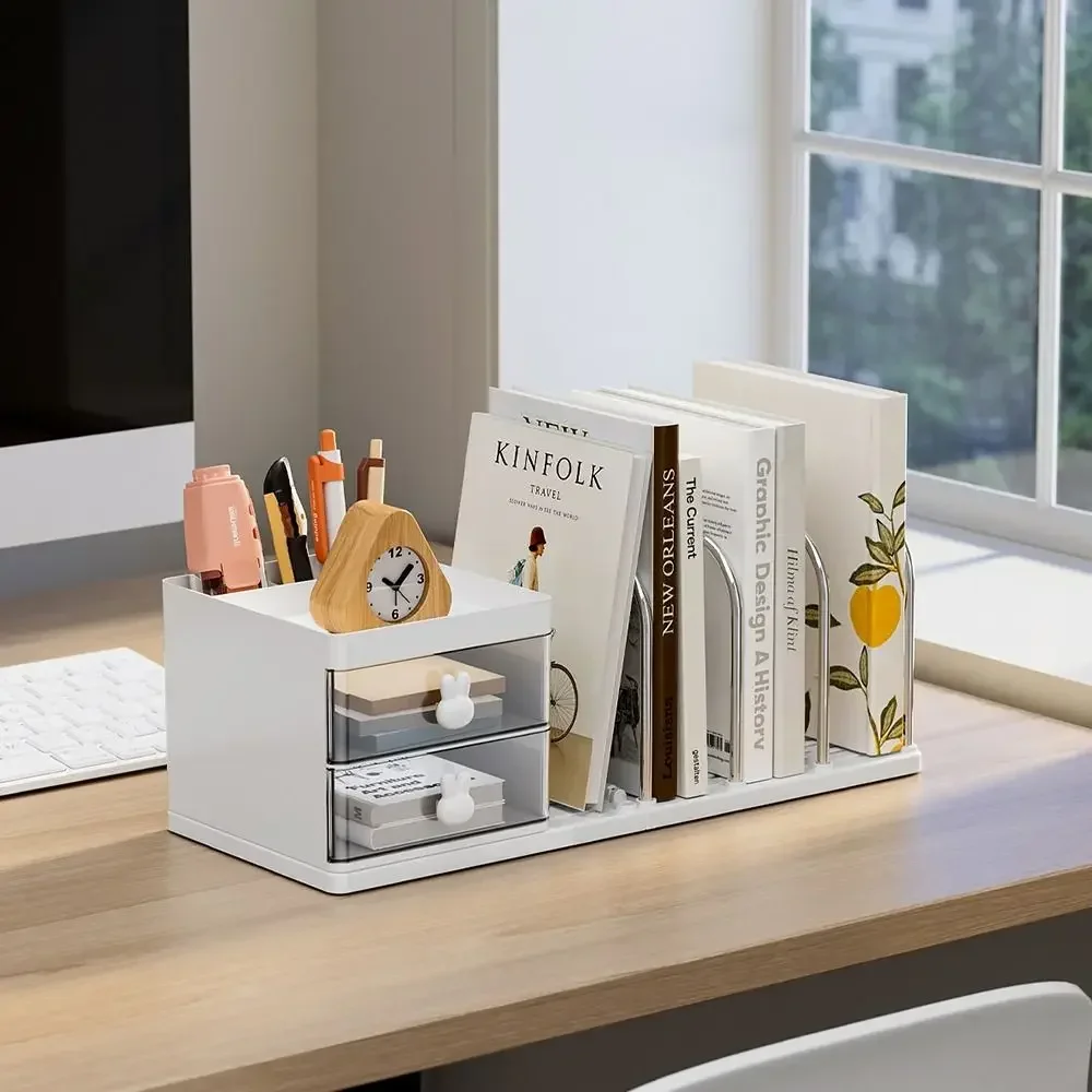 حامل كتب متعدد الوظائف من البلاستيك الأبيض والأصفر لسطح المكتب، عرض كتب لتوفير مساحة تخزين الكتب، رف تخزين رف الكتب #4
