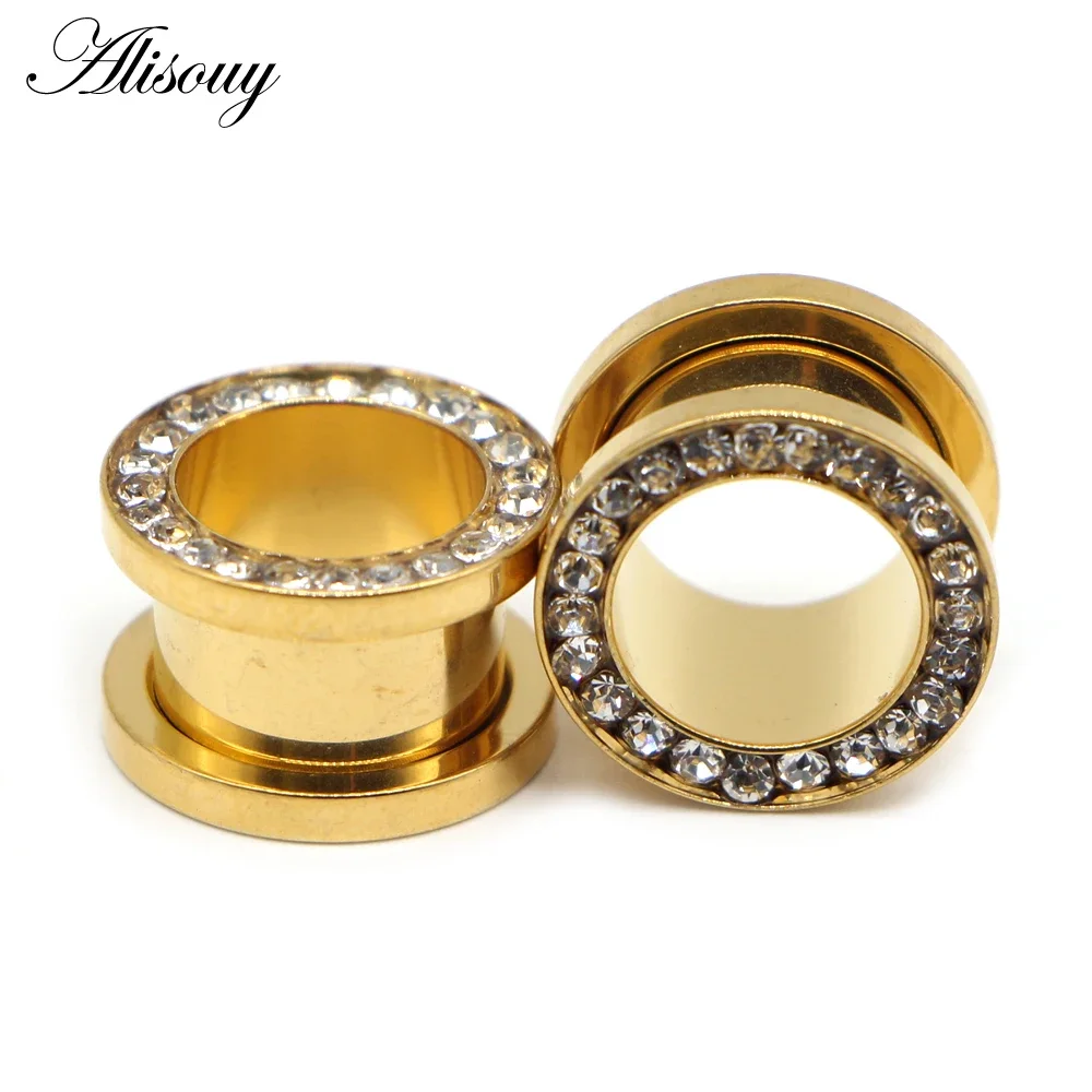 1pair Crystal Gold Color Screw Fit Ear Plugs Gauged Body Jewelry Stretching Kit Piercing Flesh Tunnel Ear Expander Bar 3~20mm