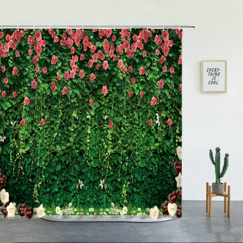 Flowers Plant Scenery Shower Curtains Set Floral Green Leaf Landscape Garden Wall Decoration Bathroom Decor Screen With Hooks