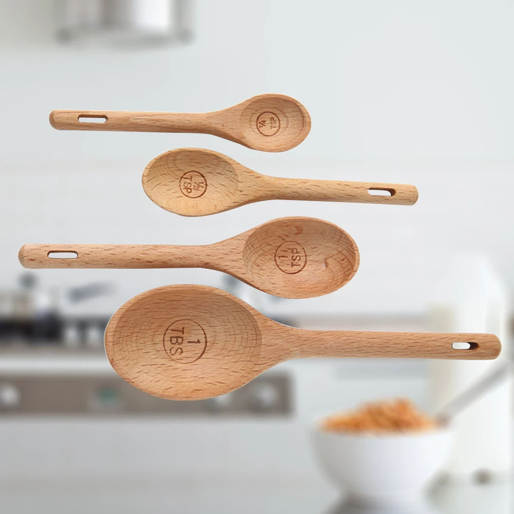 

4 pcs Wooden Measuring Spoons Set Engraved Accurate Beech Material Non Toxic Eco Friendly Dry Liquid Ingredients Kitchen Gadgets