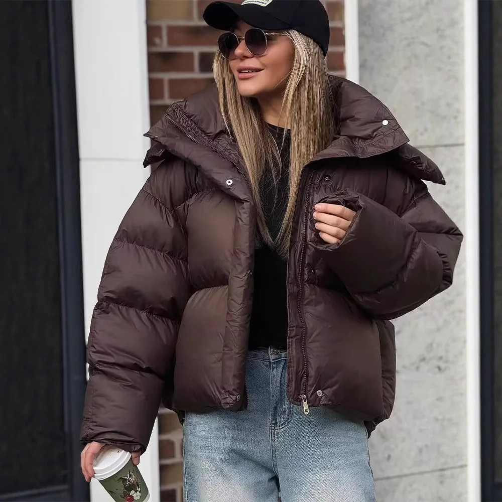 Women Hooded Short Cotton Coat Casual Brown Stand Collar Full Sleeve Loose Jacket Chic Autumn Lady Winter Office Commute Outwear