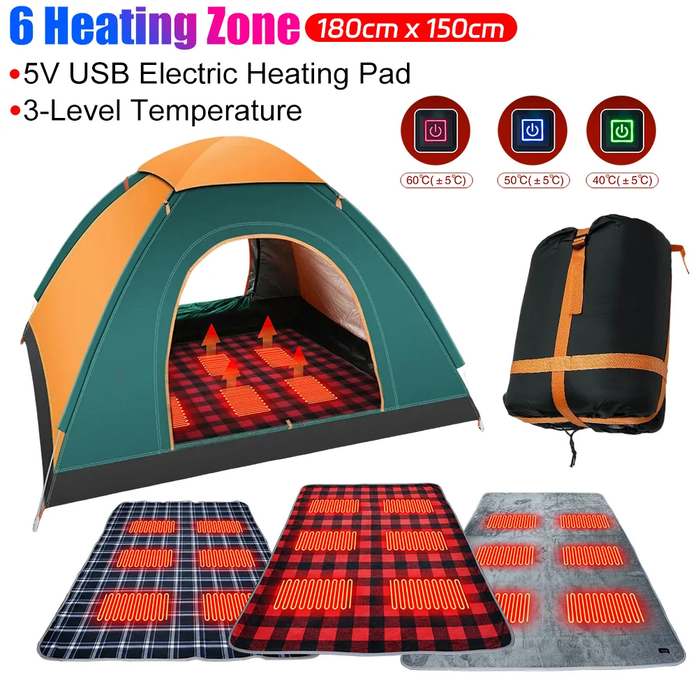 

6 Heating Zone Electric Heating Pad 5V USB Adjustable 3-Level Temperature Electric Mat Outdoor Camping Sleeping Heated Cushion
