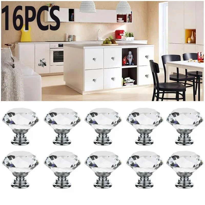 16Pcs/set Transparent Crystal Door Knobs Hardware Diamond Shape Design Crystal Glass Knobs Cupboard Drawer Pull Wardrobe Handles