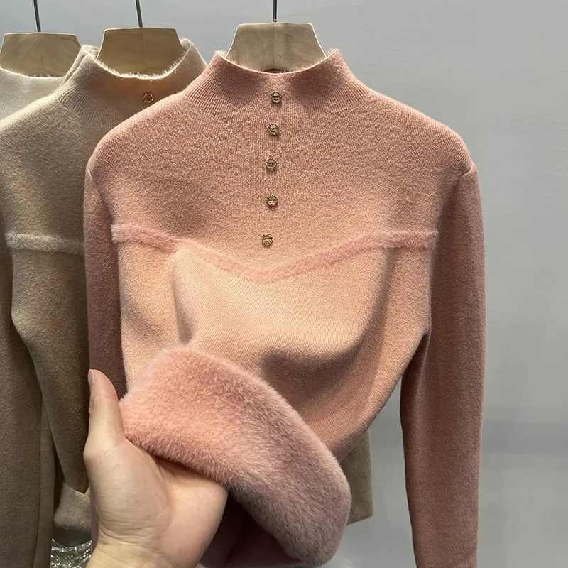 

Autumn Winter Half High Collar Plush Sweater Women Pullover 2025New Thick Warm One Piece Plush Long Sleeves Knitwear Female Tops