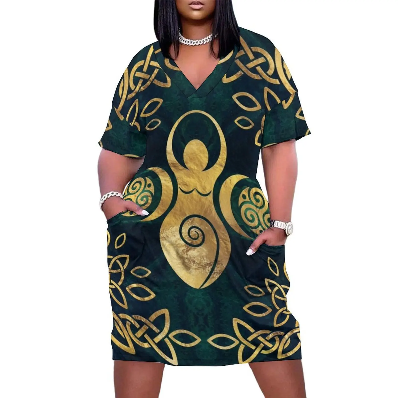 Triple Goddess with triskele - gold on shimmer green Loose Pocket Dress Long veiled dresses Evening dresses fairy dress