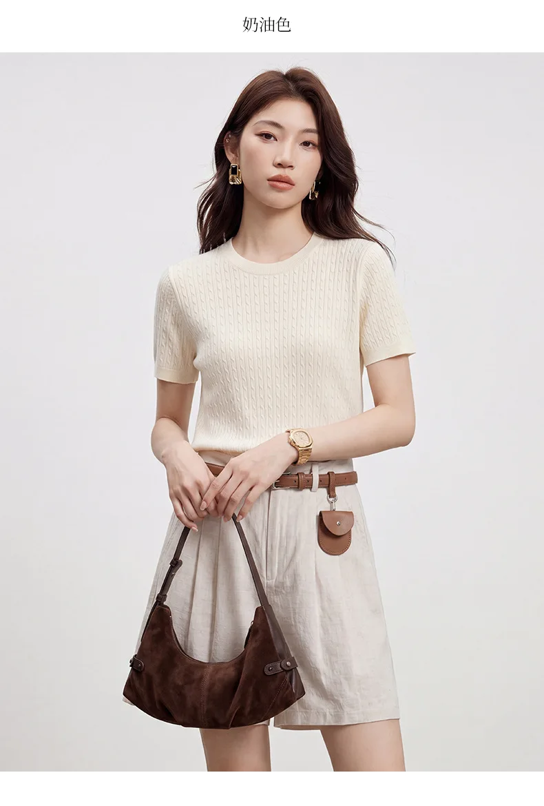 Winsleter-Wool Blended Elegant T-Shirt, O Neck Short Sleeve Solid, Women Basic Soft Versatile Knit Top, 2026 Autumn New T67411CC