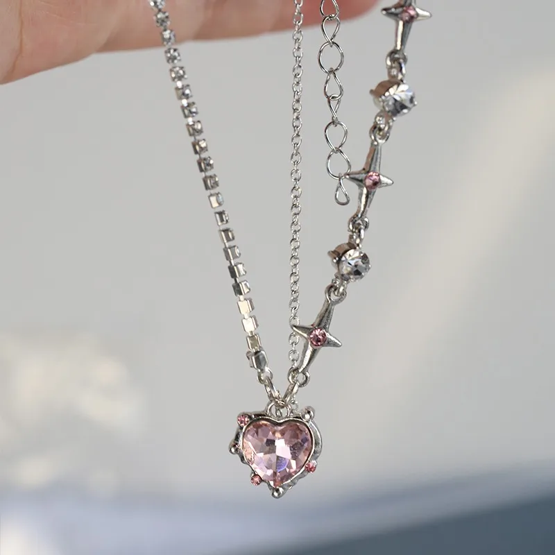 Y2k Crystal Love Heart Pendant Necklace For Women Girls Pink Sweet Cool Zircon Clavicle Chain Fashion Aesthetic Necklace Jewelry