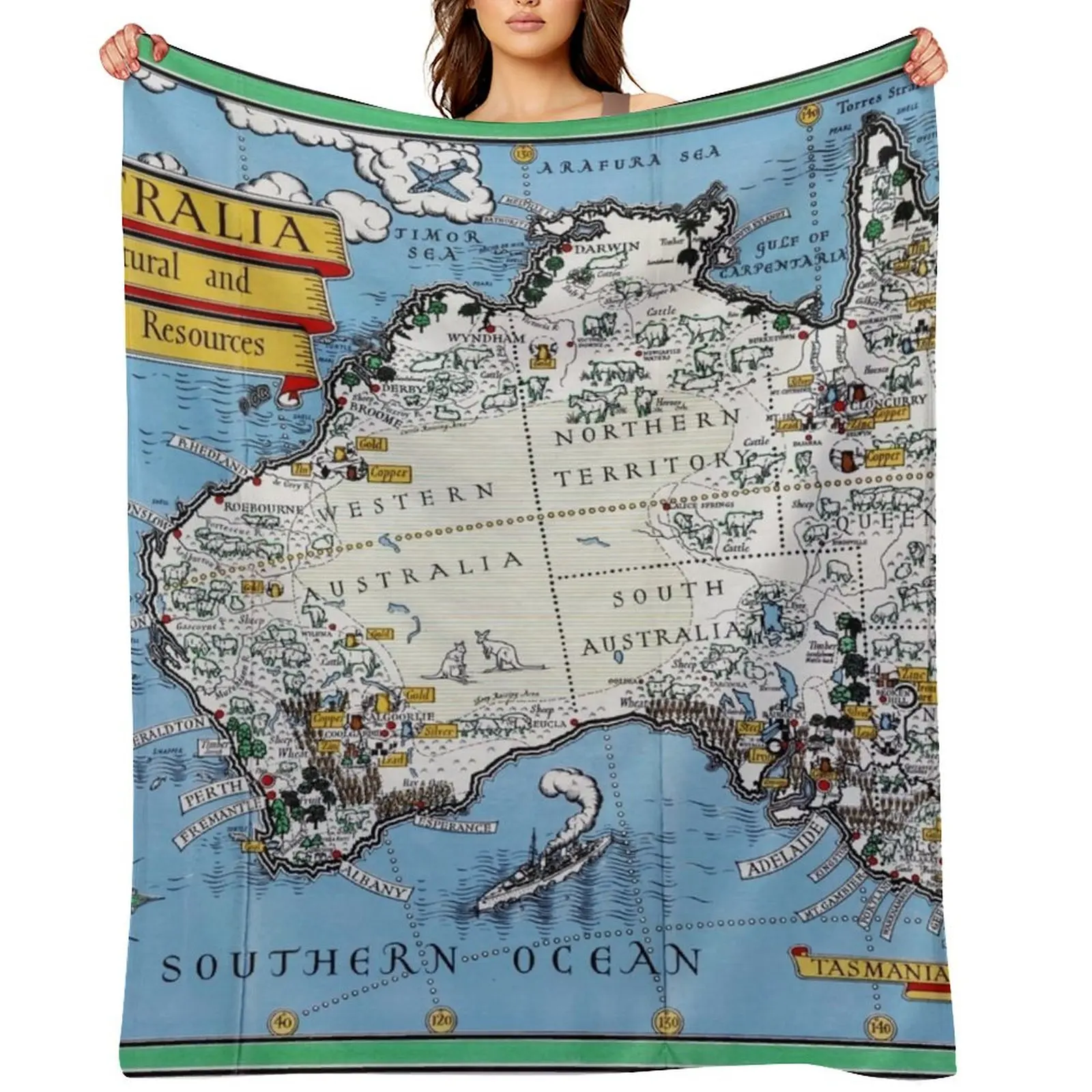 

Pictorial Map Print of Australia, her natural and industrial resources by MacDonald Gill (1942) Throw Blanket