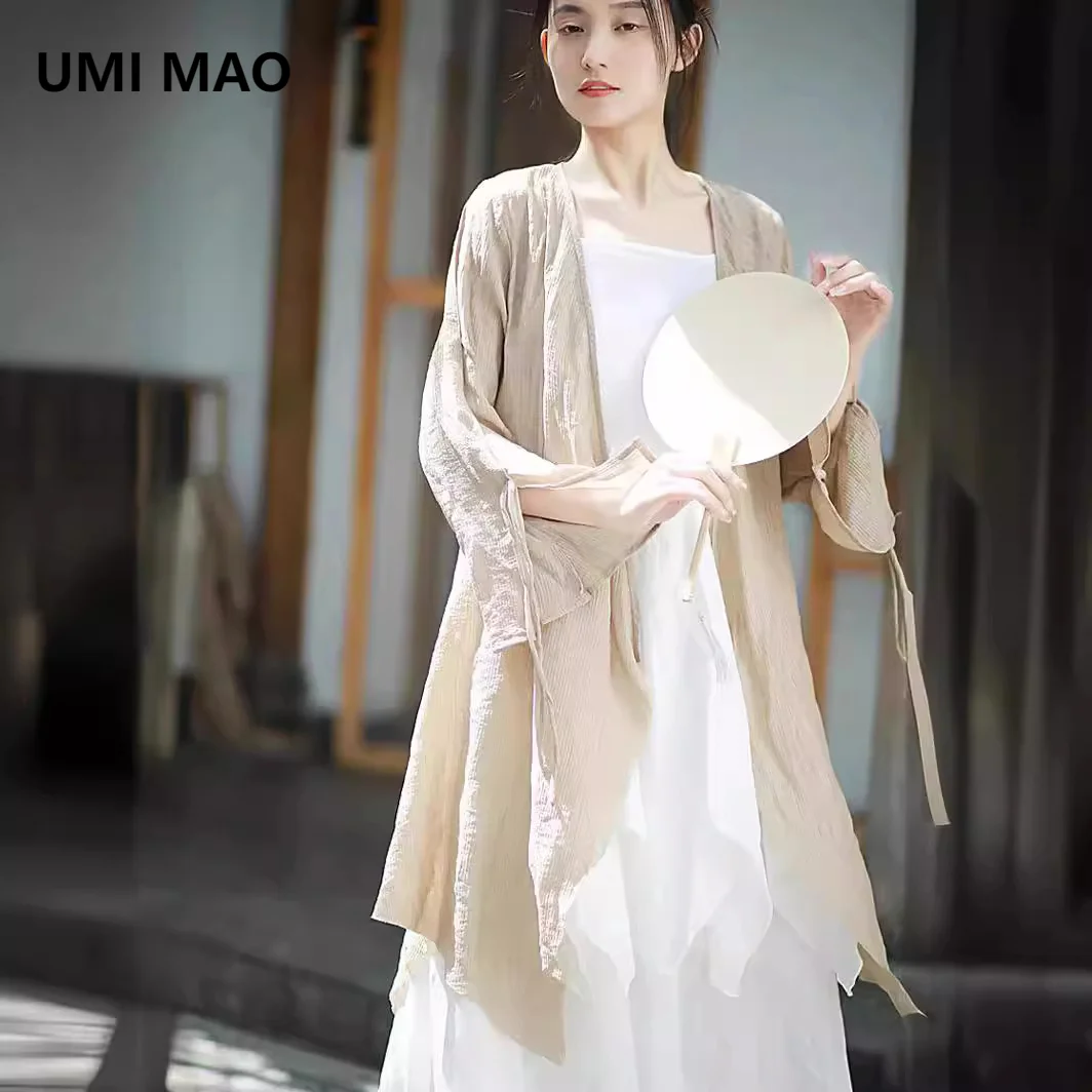 

UMI MAO Sunscreen Suit Femme Summer New Homemade Wrinkled Mountain Moon Lace Long Hoodie Cool Zen Style Outer Coat