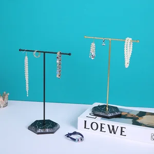 T-Shaped Jóias Display Stand, De Madeira e Metal, Ouro, Contador para Brincos, Anel, Colar, Prateleira de Relógio, Pingente, Recém 10 principais vendas prateleira decorativa dourada - №1