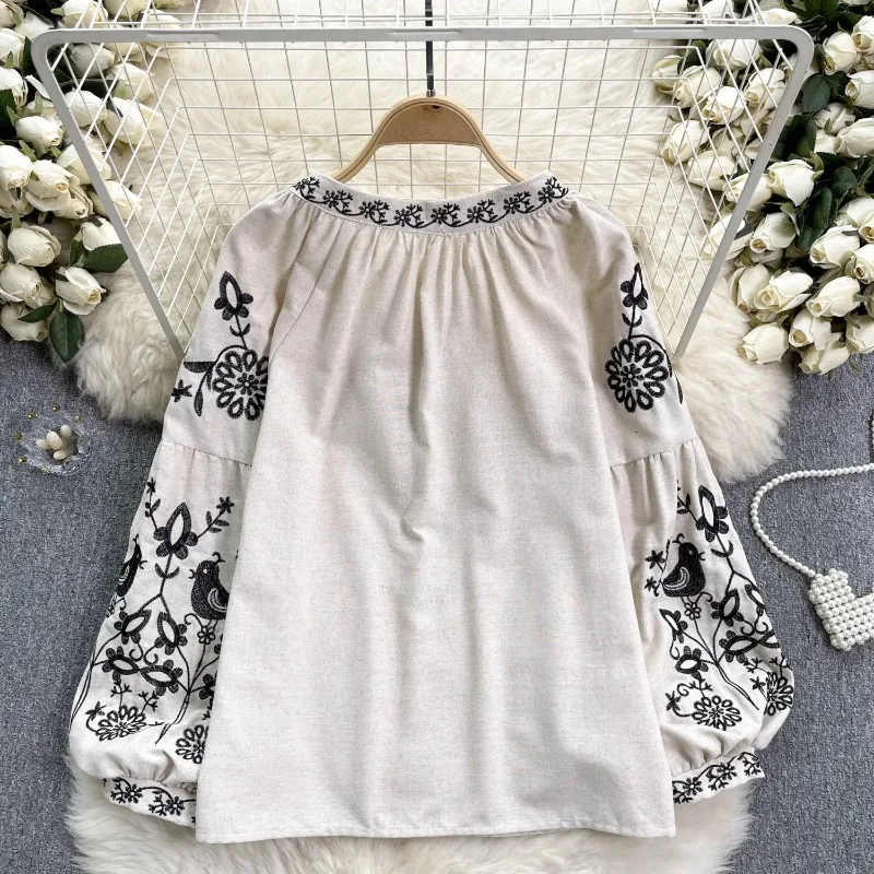 Neploe Vintage Heavy Embroidery Shirts Women Y2k Lace Up O-neck Tassel Blusas Mujer 2024 Spring New Long Sleeve Loose Blouses