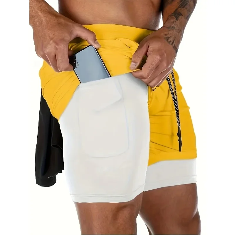 Men's two-layer gym running shorts with pockets, activity quick-drying bullet breathable drawstring exercise shortstv
