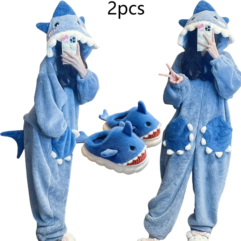 Cartoon Schattige Haai Dames Capuchon Nachtkleding Kigurumi Unicorn Winter Cosplay Pijama Jumpsuit Vrouwelijke Kerstfeest Loungewear