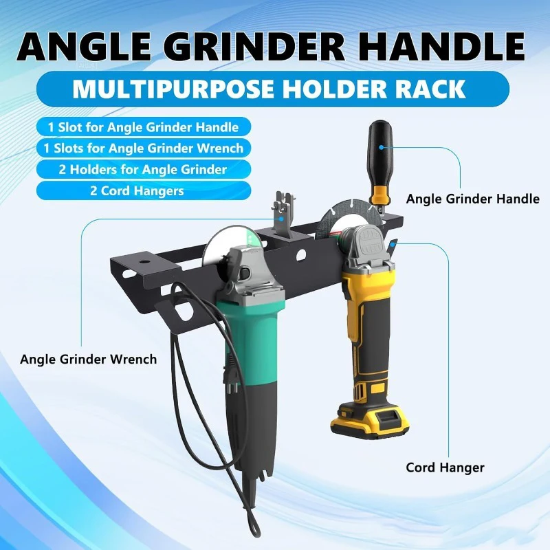 2 Pack Heavy-Duty Angle Grinder Wall Mount System with 2-Bay Tool Rack & Cord Holder - Pre-Assembled Power Tool Storage Shelf