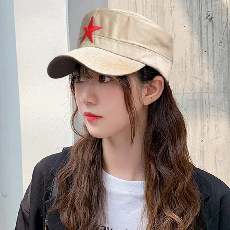 Red star Washed Cotton Flat Top Hat Adjustable Fisher Military Caps Men Women Cadet Army Cap Unique Design Vintage Four Seasons