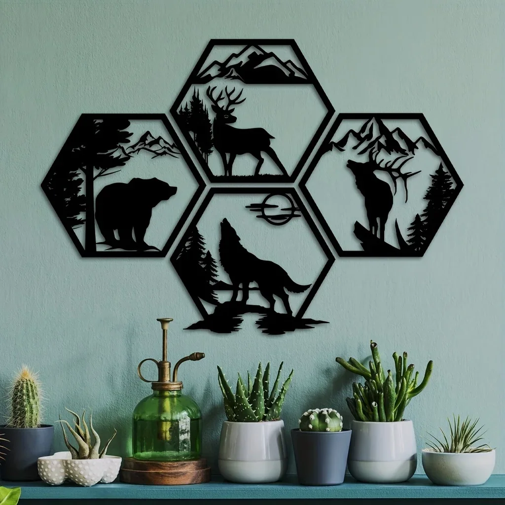 4pcs Home Decorative Frames Elk Deer Wolf Bear Hexagonal Metal Wall Sculpture Leaked Rustic Forest Decor Wilderness Decoration