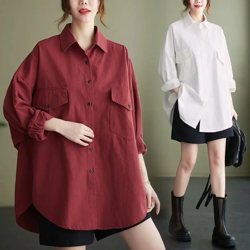 

Women's Burgundy Red Oversized Cotton Shirt Asymmetry Long Sleeve Flap Pocket Curved Hem Blouse Harajuku Vintage Casual Wear