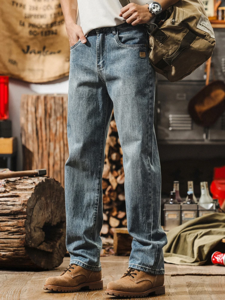 

American Retro Men's Fce Lined Straight Leg Jeans Casual Loose Fit Large Size Waed Denim Pants Spring Autumn Wear