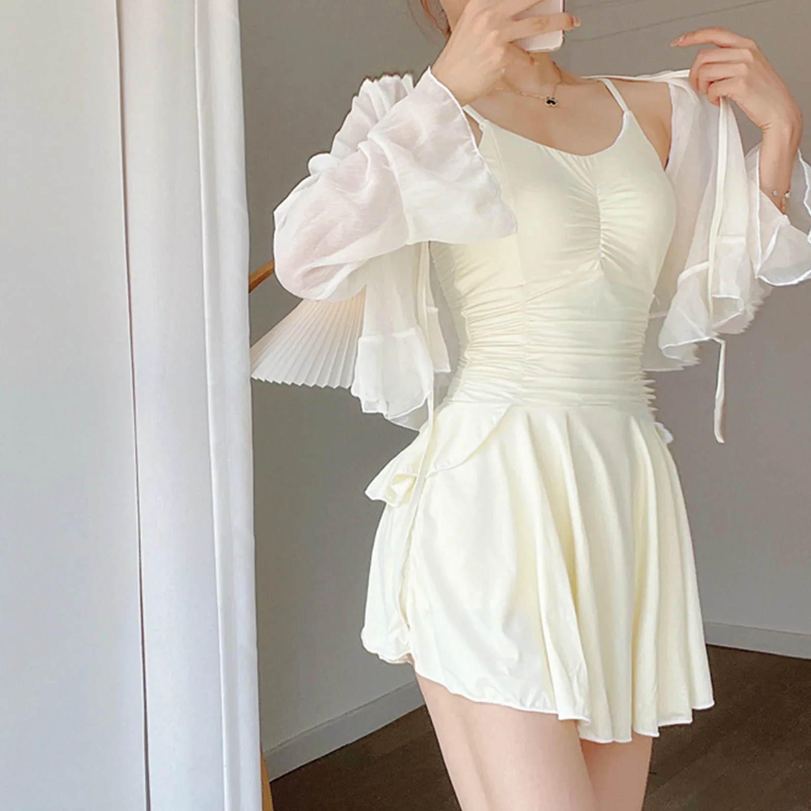 Women Bathing Suit Sweet One-Piece Slimming Swimwear Long Sleeve Sun-proof Swimsuit Skirt  Beach Skirt Pool Bikini