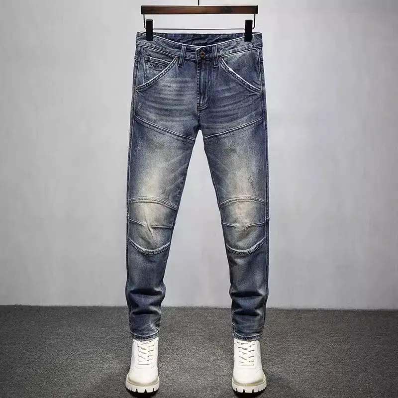 

Street Fashion Men Jeans High Quality Retro Washed Blue Stretch Slim Fit Spliced Designer Biker Jeans Men Hip Hop Denim Pants